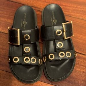 Chinese Laundry Black Slides with Gold Buckles